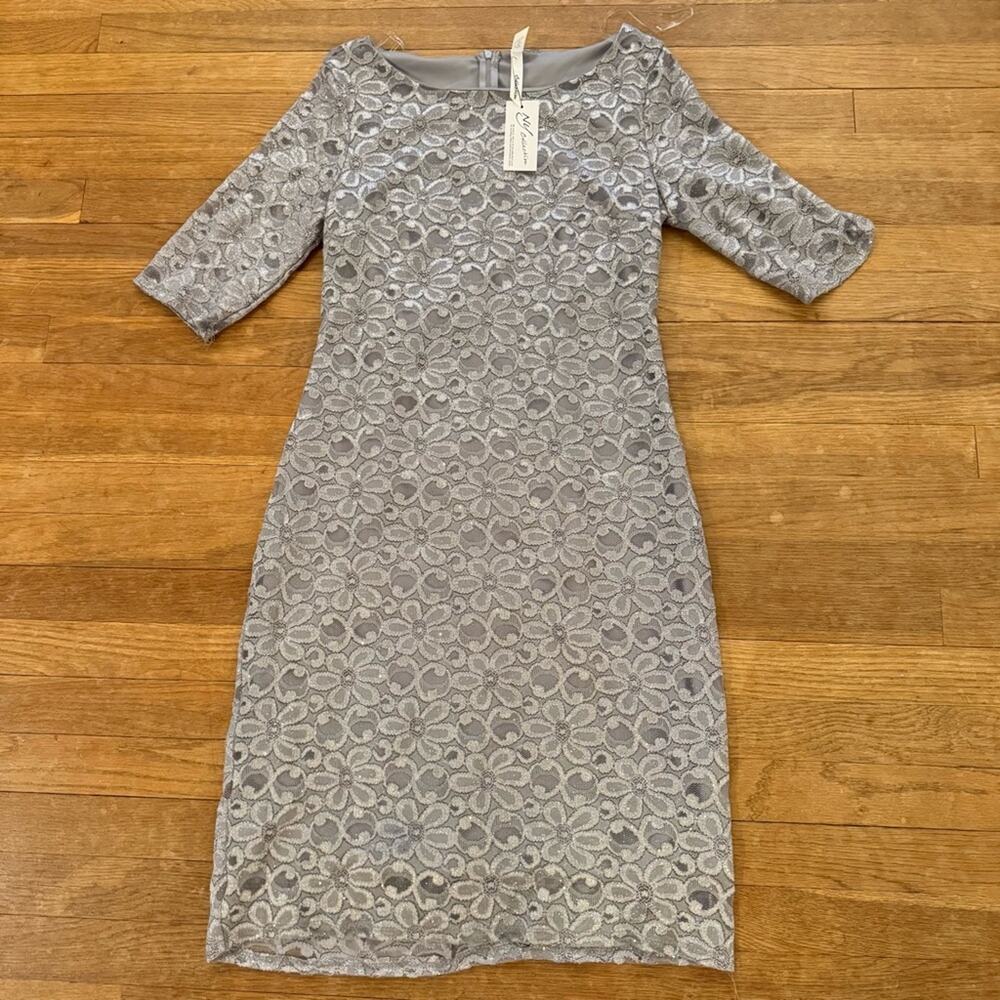 NWT NY Collection gray silver crocheted overlay formal midi shift dress M
b41